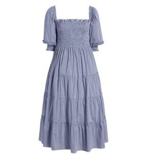 Hill House Home Nesli Sleeved Midi Tiered Nap Dress Navy Micro Gingham XS